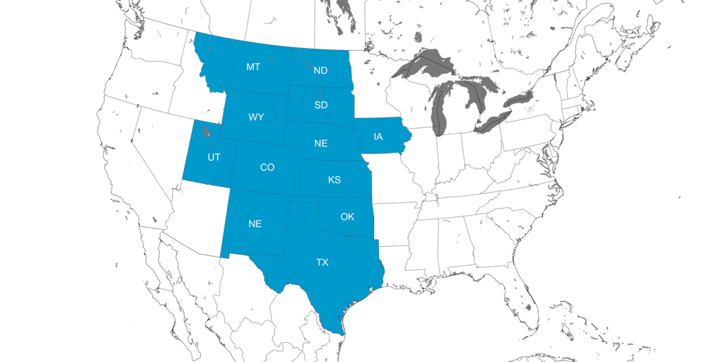 Map showing U.S. states with Cretaceous rock deposits associated with the Western Interior Seaway.