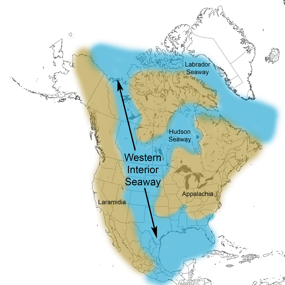 Map showing paleogeographic reconstruction of the Western Interior Seaway during the Cretaceous.